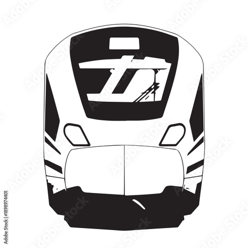 Front view of a sleek high-speed train showcasing aerodynamic design and rails.