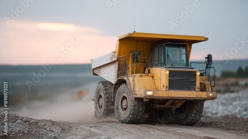 Large yellow mining dump truck on gravel road at quarry, dusty industrial haulage scene at sunset, rugged heavy machinery for construction and earthmoving