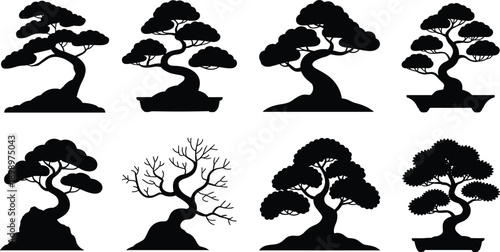 Bonsai tree silhouette icon set, Japanese miniature garden plants, zen nature symbols, black white vector illustration collection design