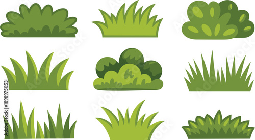 Cartoon grass and bush set illustration, green foliage elements collection for nature design, landscape graphics, game assets isolated