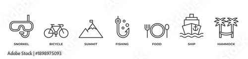 Adventure and Leisure Icons set vector illustration outline with Snorkel, Bicycle, Summit, Fishing, Food, Ship, Hammock