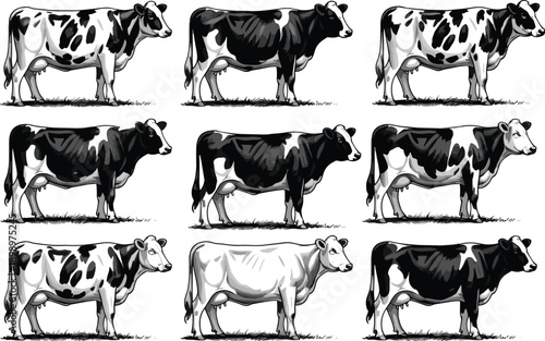 Dairy cow illustration set with black and white cattle breeds, realistic farm animal vector collection isolated on white background design
