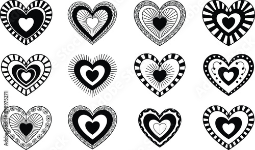 Decorative heart icon collection, black and white romantic love symbols with ornamental patterns for valentine design and creative illustrations
