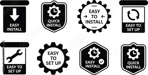 Easy install and setup icons collection, quick installation badges, simple configuration symbols, black white vector illustration set