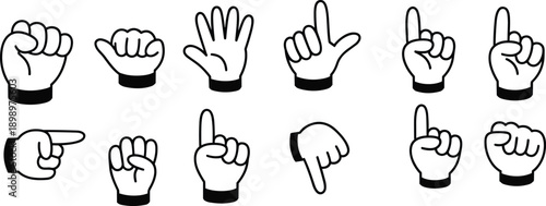 Hand gesture icon set showing pointing counting signs, cartoon gloves symbols, communication and direction cues, black white vector illustration