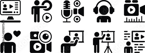Media communication icons set, black white video audio podcast content creation symbols for digital marketing, education, streaming platforms design