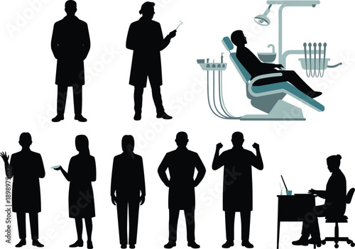 Medical doctor and patient silhouette illustrations set, healthcare professionals, dental clinic treatment scene, black vector characters collection