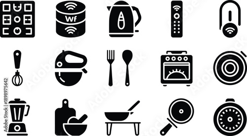 Kitchen appliance and cooking tool icon set, smart home utensils, wifi devices, modern black white vector illustration collection symbols design