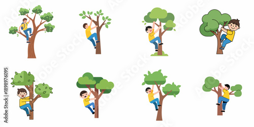 Set of eight vector illustrations depicting a smiling young boy climbing a green tree, symbolizing nature, adventure, and childhood fun.