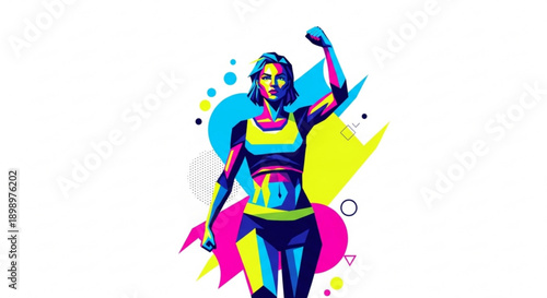 Strong woman flexing arm muscles in colorful abstract background