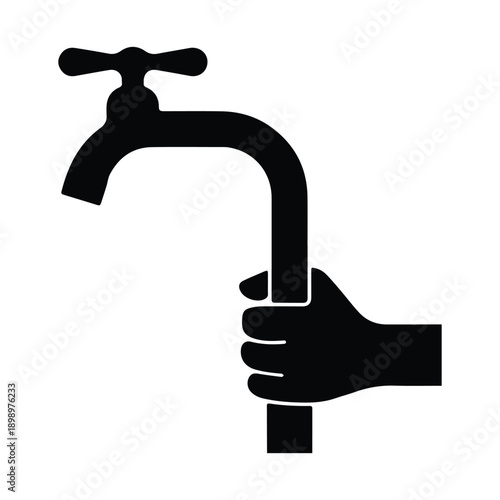 Black and white illustration of a hand gripping a faucet, symbol for water control