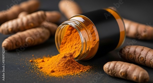 Earth day turmeric powder spilled from glass jar amidst fresh turmeric roots