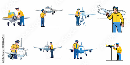 Vector set of pilots performing essential pre-flight inspections on passenger jets and small aircraft.