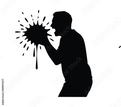 Black and white illustration of a person screaming into a paint splash