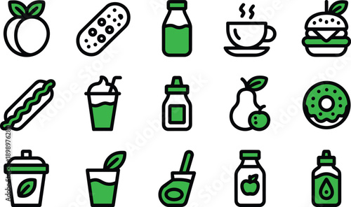 Organic food and drink icons set featuring healthy green beverages snacks fruits bottles cups vector design isolated collection