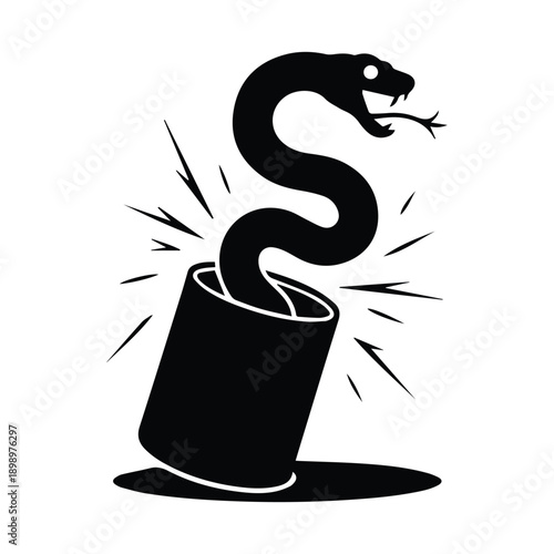 Black and white illustration of a snake emerging from a cylinder, magic trick concept