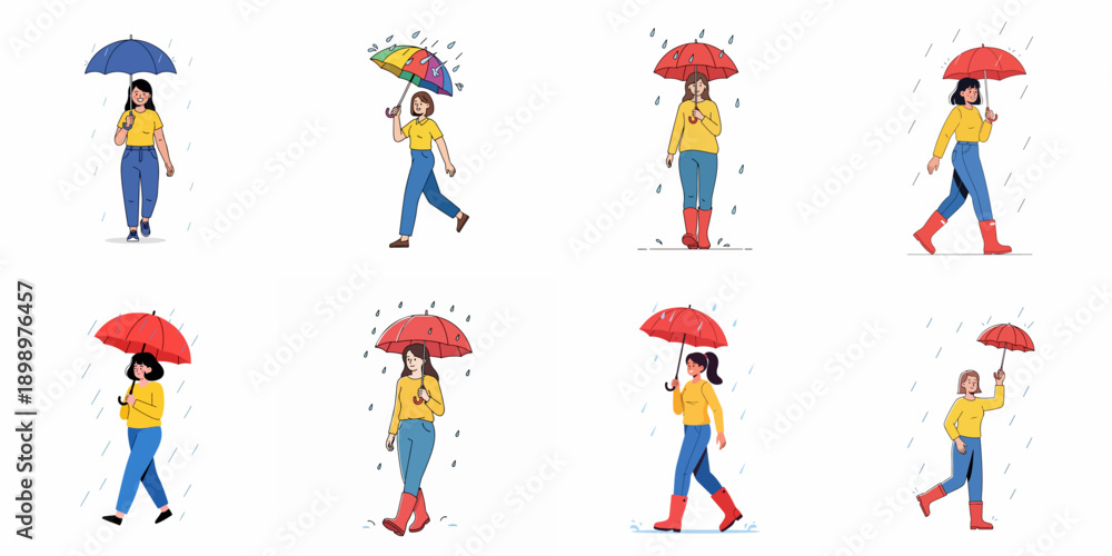 Fototapeta premium Set of eight vector illustrations depicting young women walking happily under various colorful umbrellas and wearing rain boots during rainy weather.