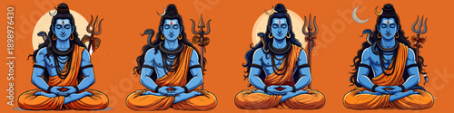 Set of Flat Vector Illustrations of Shivji in Deep Meditation Pose, Ideal for Spiritual Banners, Yoga Retreat Promotions, Religious Posters and Mindfulness Designs