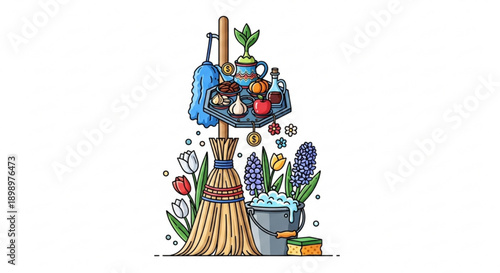 Cleaning tools and flowers in a bucket with soap bubbles