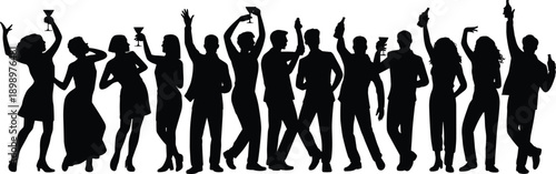 Party people silhouettes dancing and celebrating together, nightlife crowd holding drinks, joyful social event scene isolated on white background illustration