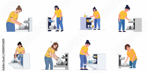 Collection of illustrations showing tired women loading and unloading the dishwasher, symbolizing domestic fatigue and household labor stress.