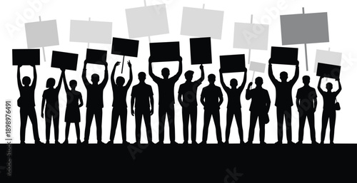 People protest crowd silhouette holding placards demonstrating for rights freedom activism social movement illustration concept vector black design banner