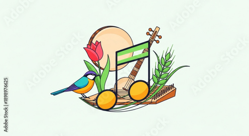 Colorful bird perches beside traditional asian instrument and flowers on decorative tray