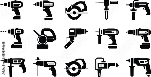 Tableau sur toile Power tools icon set, black white industrial electric drill and circular saw sym