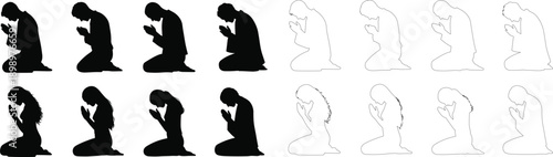 Praying men and women silhouette set in kneeling poses religious faith worship spiritual meditation black outline vector illustration collection