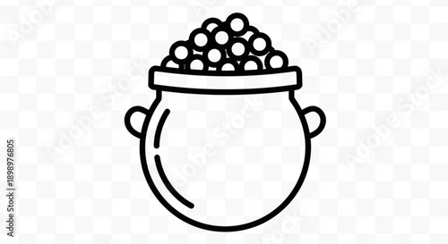 Black line art of a cauldron filled with round magic potion balls on transparent background