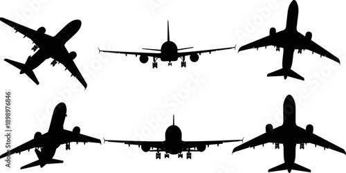 Commercial airplane silhouette set in multiple views, passenger aircraft takeoff and landing angles, black aviation vector illustration isolated on white background