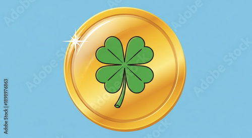 Golden coin with green four leaf clover on blue background symbolizing luck and fortune