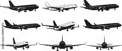 Commercial airplane silhouettes vector set, passenger jet aircraft collection in multiple angles for aviation design, travel branding, infographics, and transportation graphics