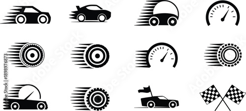 Racing speed icons set featuring fast cars tires gauges motion performance motorsport acceleration symbols vector design collection pack