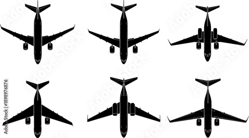 Commercial airplane silhouettes top view set vector illustration, passenger jet aircraft designs, aviation transport collection, black minimalist planes, isolated on white background