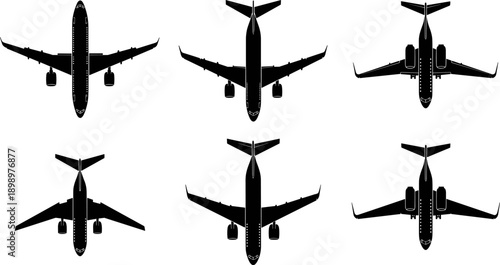Commercial airplane top view silhouettes, passenger jet aircraft collection for aviation travel concepts, black vector illustration isolated on white background