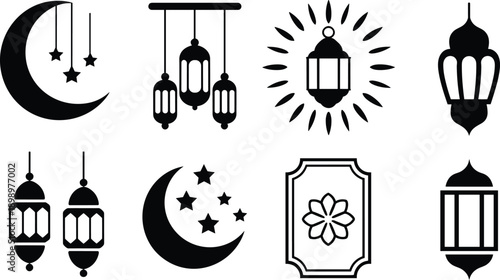 Ramadan lantern and crescent moon silhouettes icon set featuring Islamic decor symbols, hanging lamps and festive ornaments isolated on white background