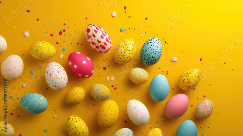 Vibrant easter egg splash on yellow background for holiday celebrations