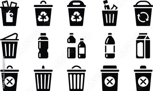 Recycling and waste management icon set featuring trash bins plastic bottles eco friendly symbols black vector silhouettes isolated