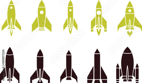 Rocket spaceship icon set illustrating space launch startup growth innovation and exploration concepts isolated on white background vector design