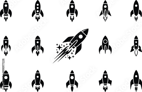 Rocket Startup Icons Collection Symbolizing Business Launch Growth Innovation and Success in Black Vector Silhouette Design Set Style