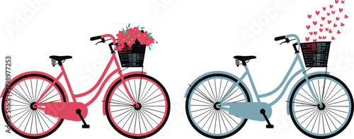 Romantic vintage bicycle illustration with flower baskets and hearts, pastel couple bikes symbolizing love, wedding, summer decor romance