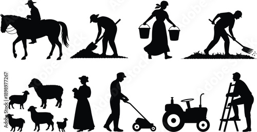 Rural farming silhouettes set showing traditional agriculture activities, farmers, livestock and countryside work scenes isolated on white background