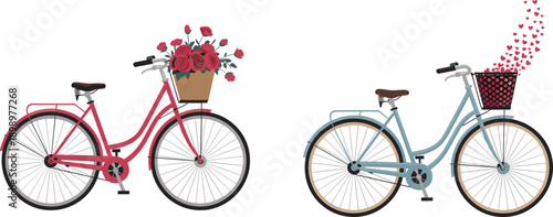 Romantic vintage bicycles with flower and heart baskets illustration symbolizing love valentine romance isolated on white background design art