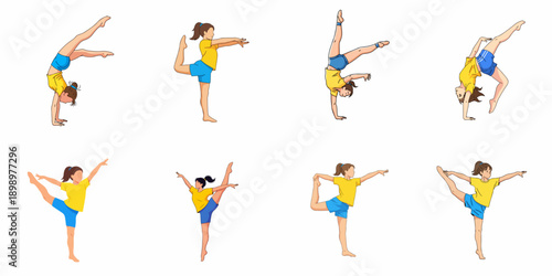 Illustrated set of a flexible young girl performing eight different gymnastics, dance, and acrobatic poses demonstrating strength and balance.