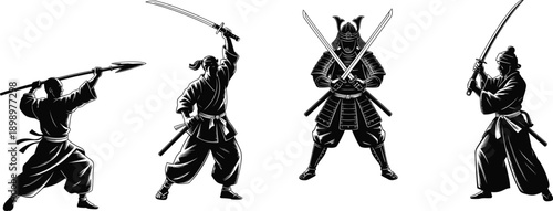 Samurai warrior silhouettes in traditional Japanese armor wielding swords and spears, black ink style martial arts illustration design