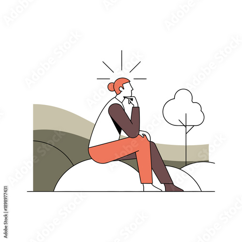 Woman sitting outdoors in thoughtful pose contemplating ideas.