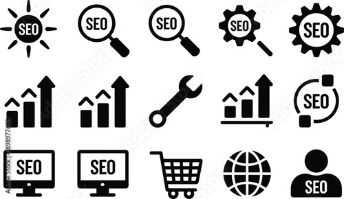 SEO marketing icon set featuring search optimization analytics ranking growth tools symbols black vector illustrations isolated on white background