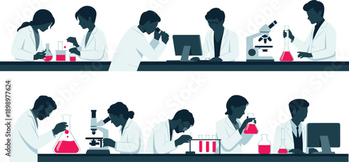 Scientists working in laboratory conducting research experiments with microscopes computers and glassware for medical biotechnology science innovation illustration