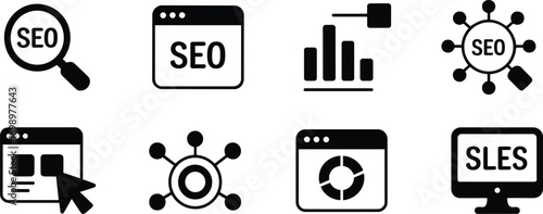 SEO marketing icons set with analytics search optimization growth charts website strategy digital business symbols vector illustration
